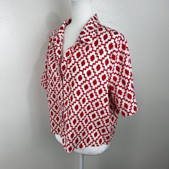 Shade & Shore Button Down Shirt Women Large Red White Graphic Short Sleeve Top - Picture 2 of 13